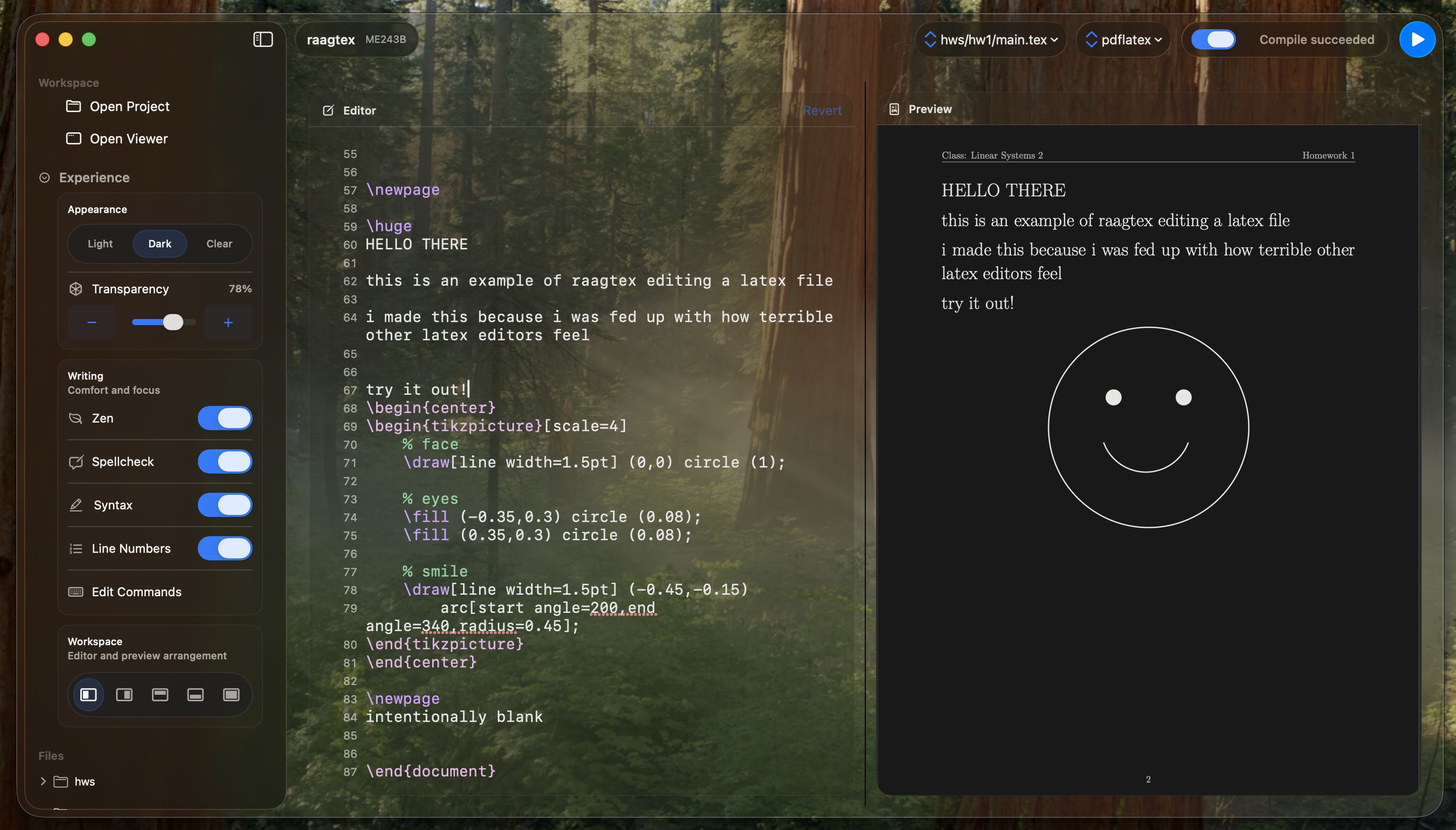 Raagtex editor and preview in dark mode