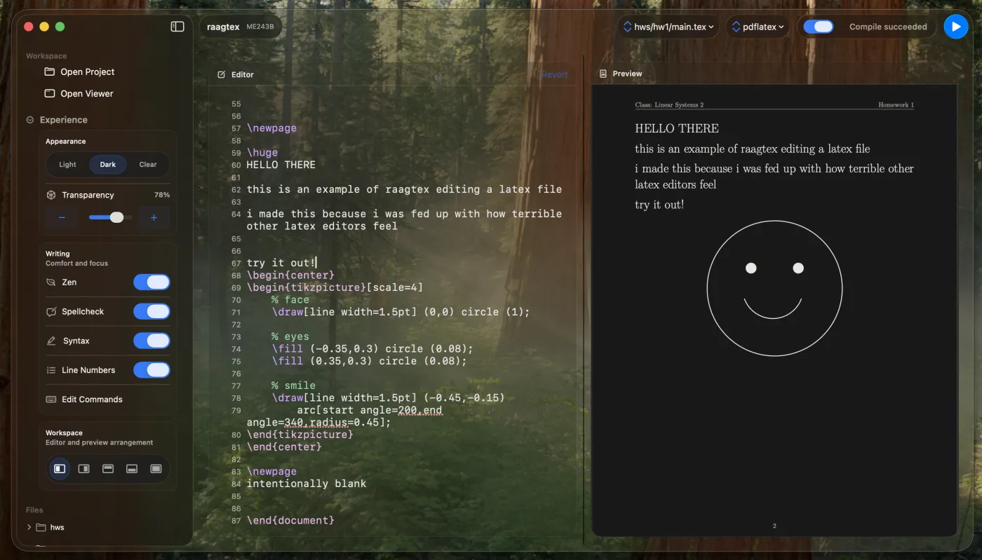 Raagtex editor and preview in dark mode